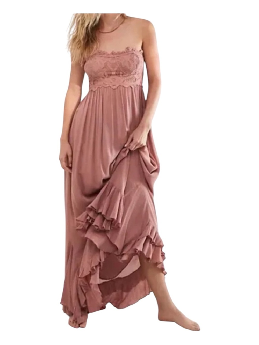 Free People Adella Corset Strapless Lace Maxi Dress Dusty Rose Mauve Pink Large